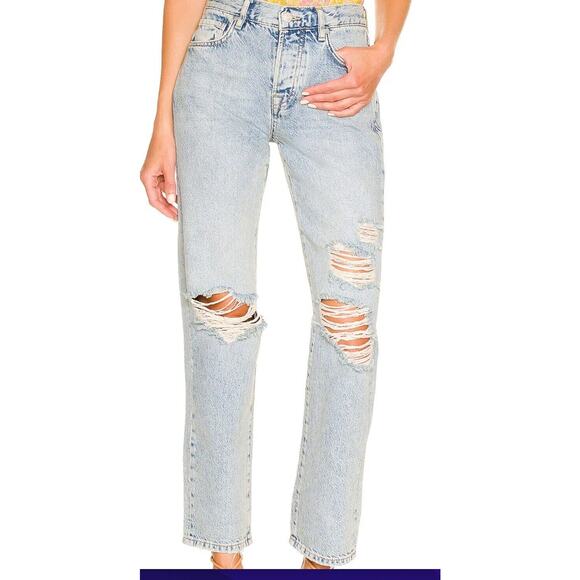 Free People Bren Boyfriend Jeans Womens Blue Distressed Boho Chic Button Fly 31 - Picture 1 of 8